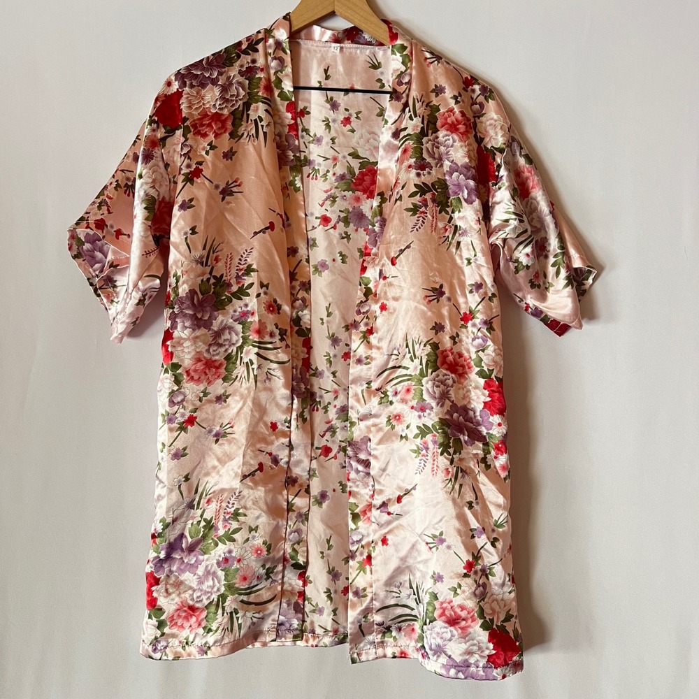 Vintage Style Pink Floral Satin Robe XL 12 Chinoiserie Kimono Pajamas‎ Coquette